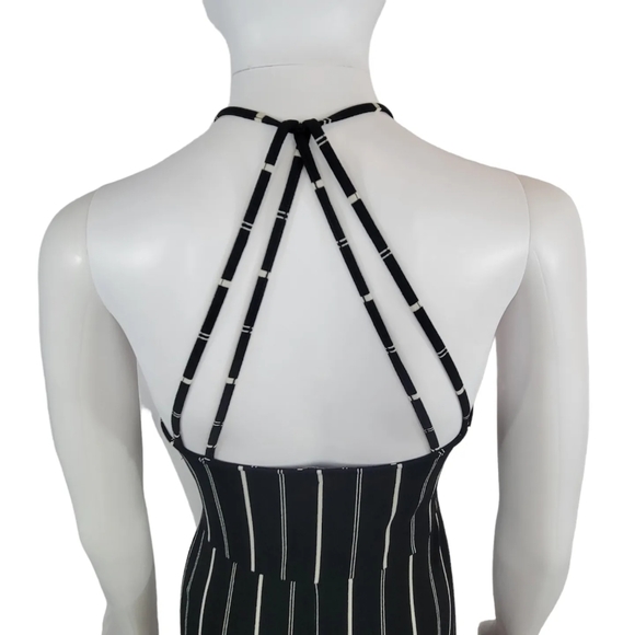 Express Black & White Striped Spaghetti Strap Halter Midi Ruffle Dress Sz L - Picture 6 of 7